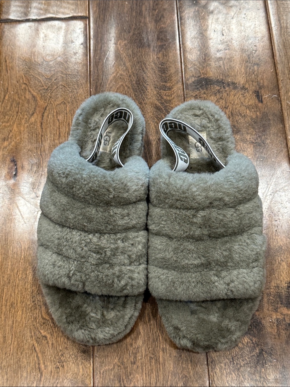 UGG Green Plush Slide Slippers with Branded Backstrap